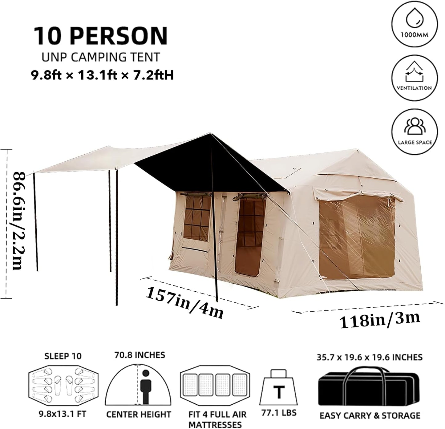 Outdoor family tent with removable sun canopy and spacious interior
