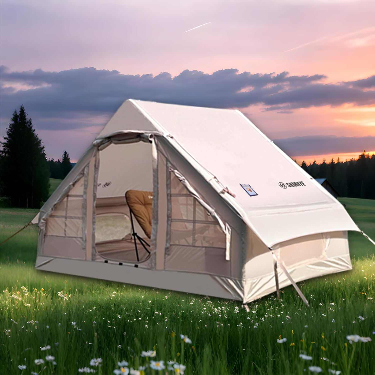 Inflatable Glamping Tent showcasing cabin-style interior ideal for 4-6 people glamping trips