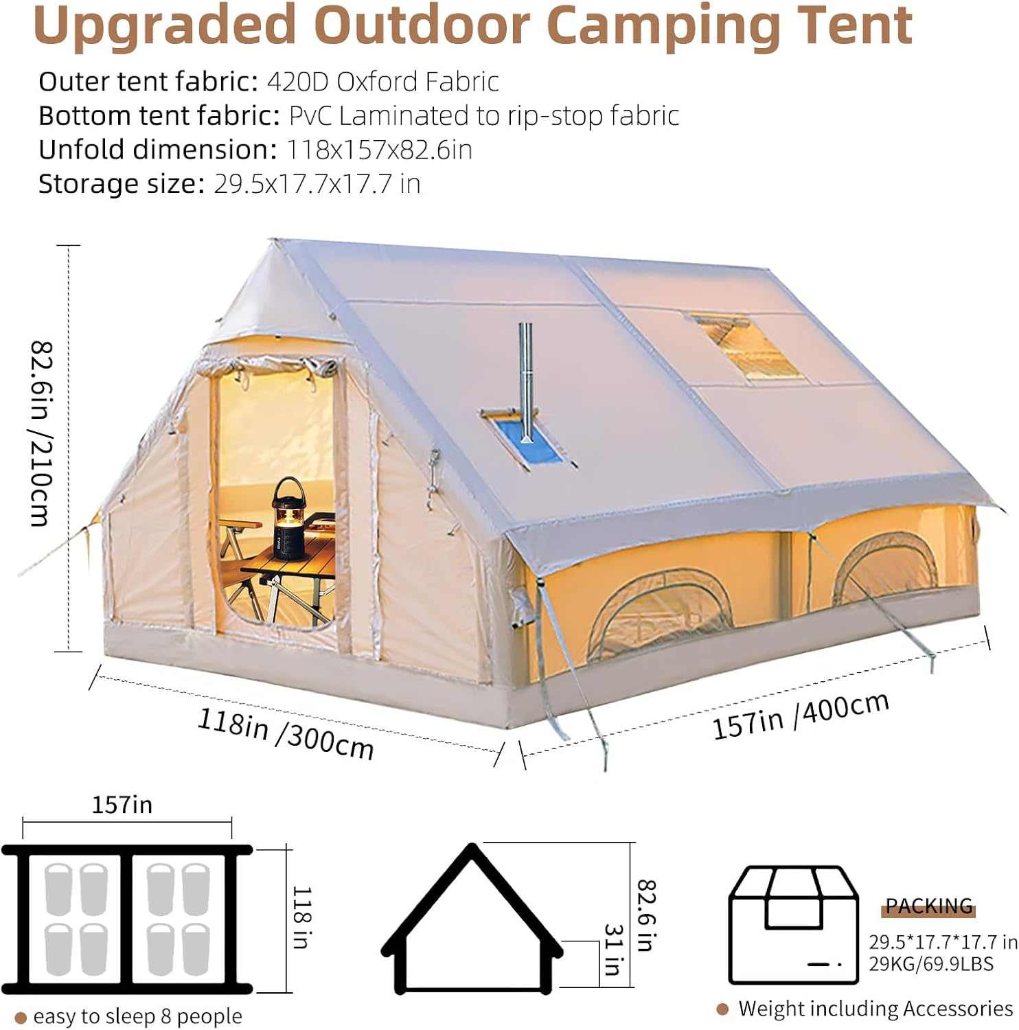 Inflatable Tent quick inflate 129 sq ft family layout with air‑beam frame