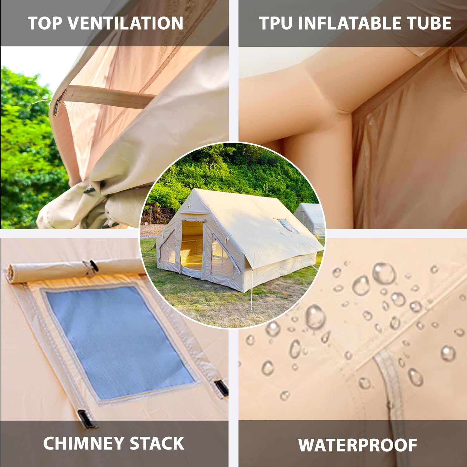 Inflatable Camping Tent featuring double doors and mesh windows under pine trees