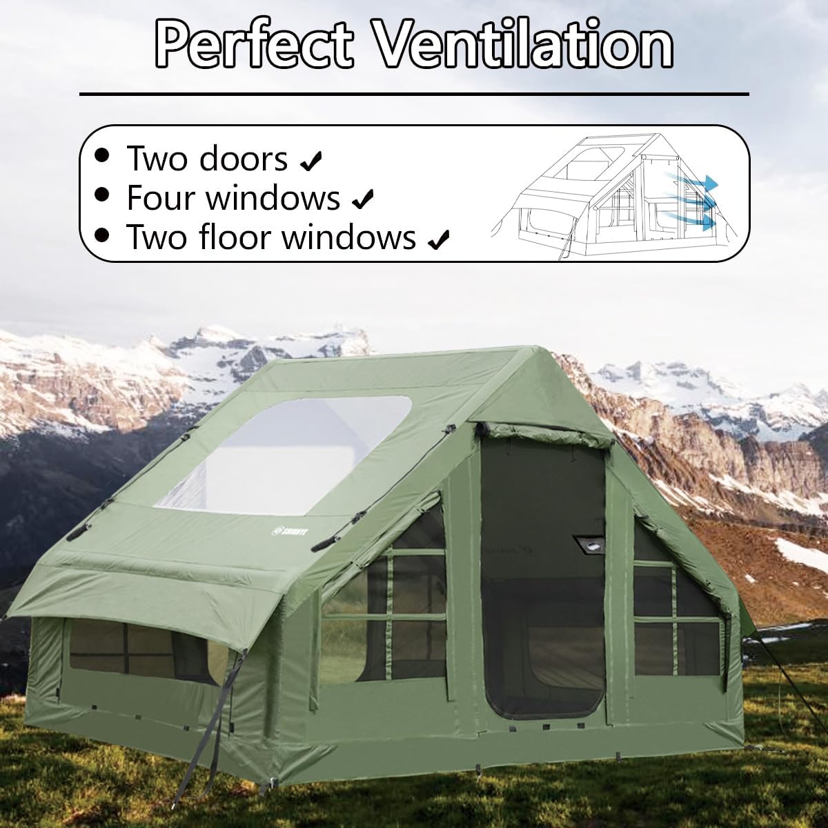 Inflatable Glamping Tent demonstrating quick‑inflate air frame and skylights at dawn