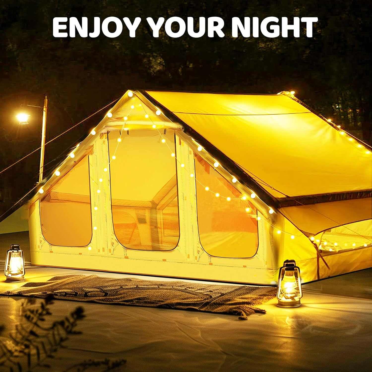 Family Inflatable Camping Tent in backyard glamping scene with removable sun canopy