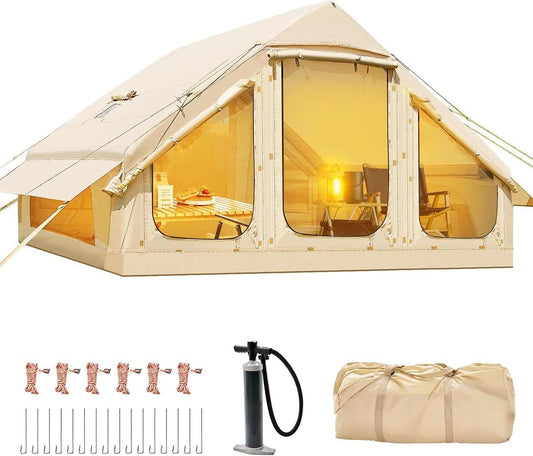 Family Inflatable Camping Tent with inflatable air tent frame set up at a forest campsite