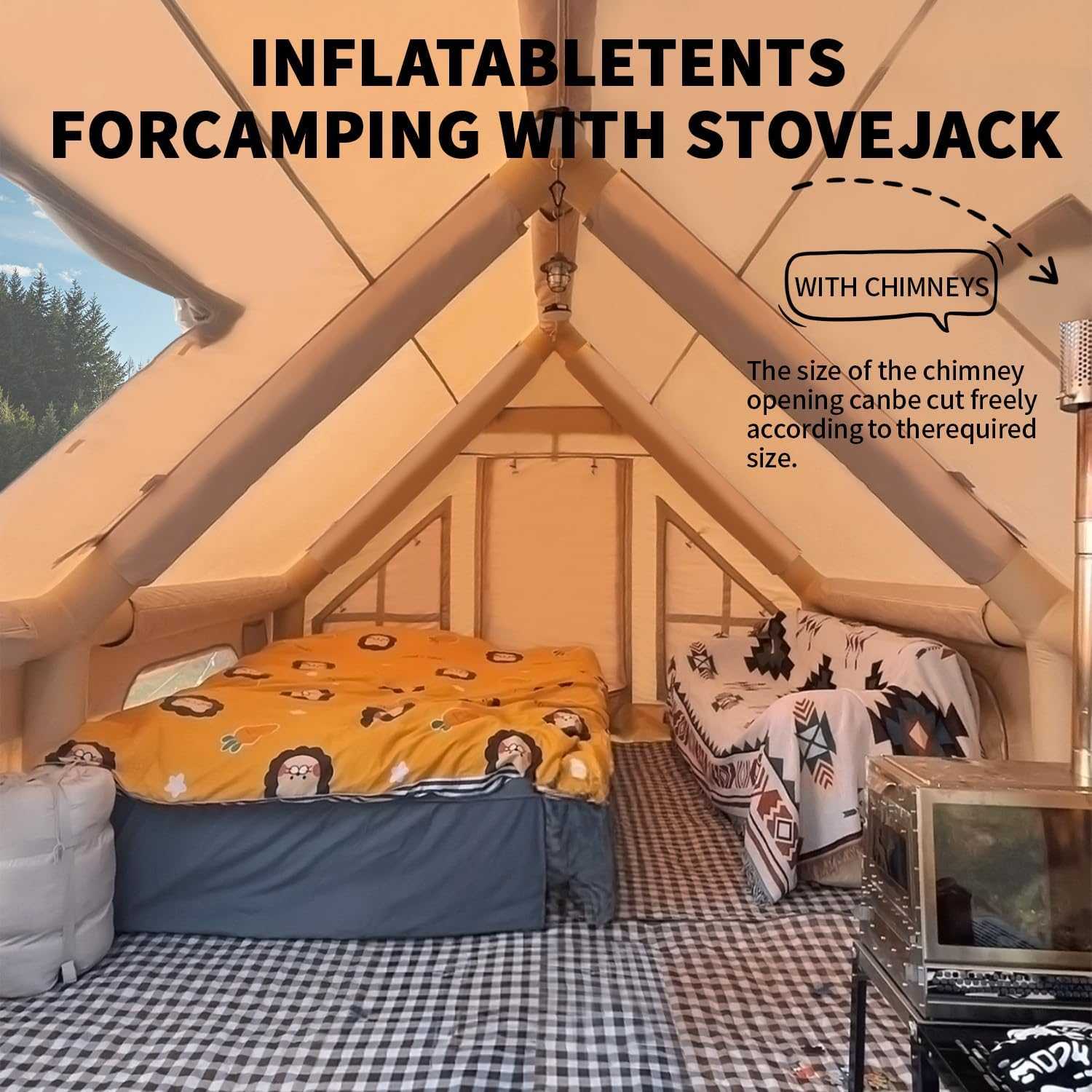 Inflatable Camping Tent as a ventilated inflatable tent with skylight in a meadow