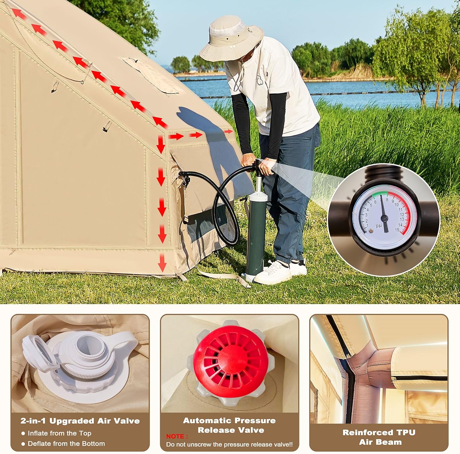 Family Inflatable Camping Tent with quick setup hand pump inflation in under 5 minutes