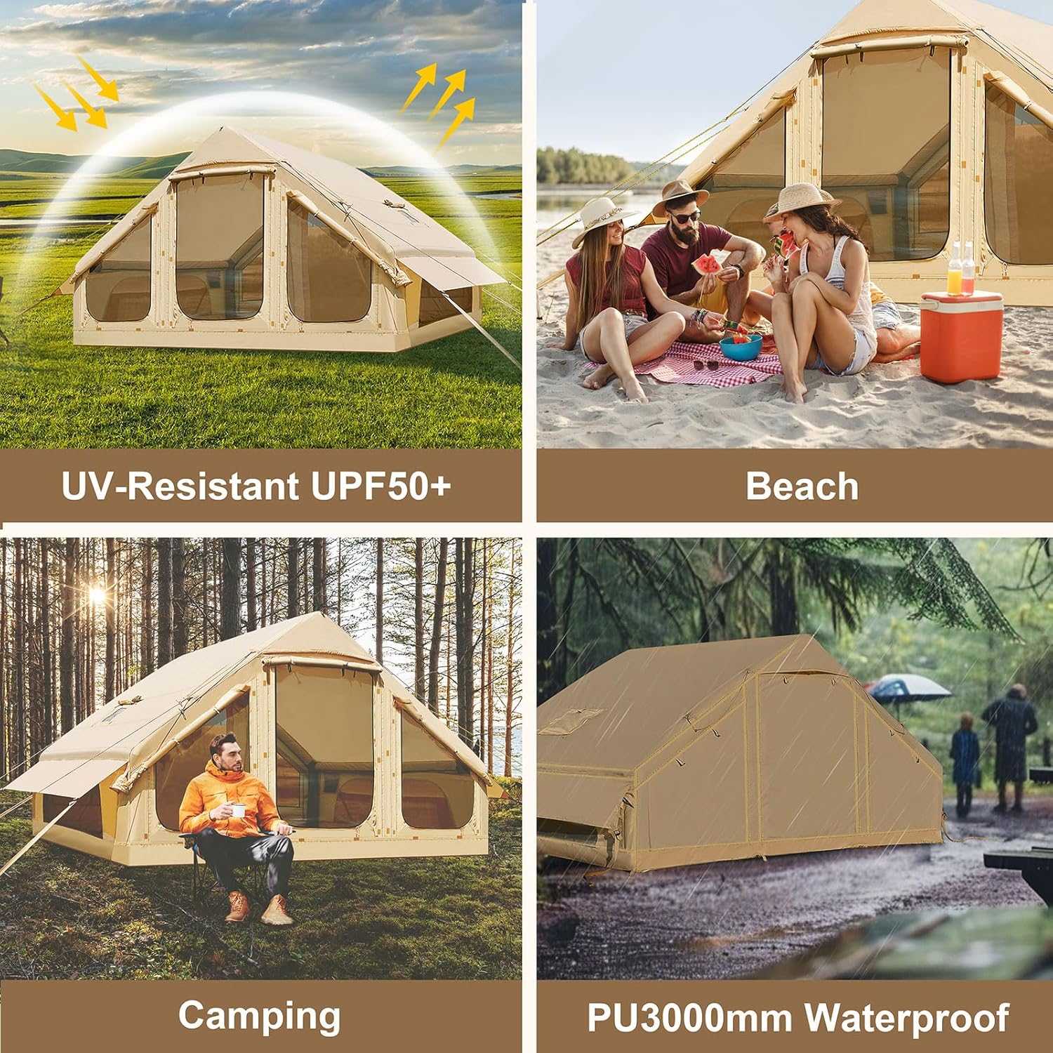 Family Inflatable Camping Tent with mesh windows and easy access doors in meadow glamping