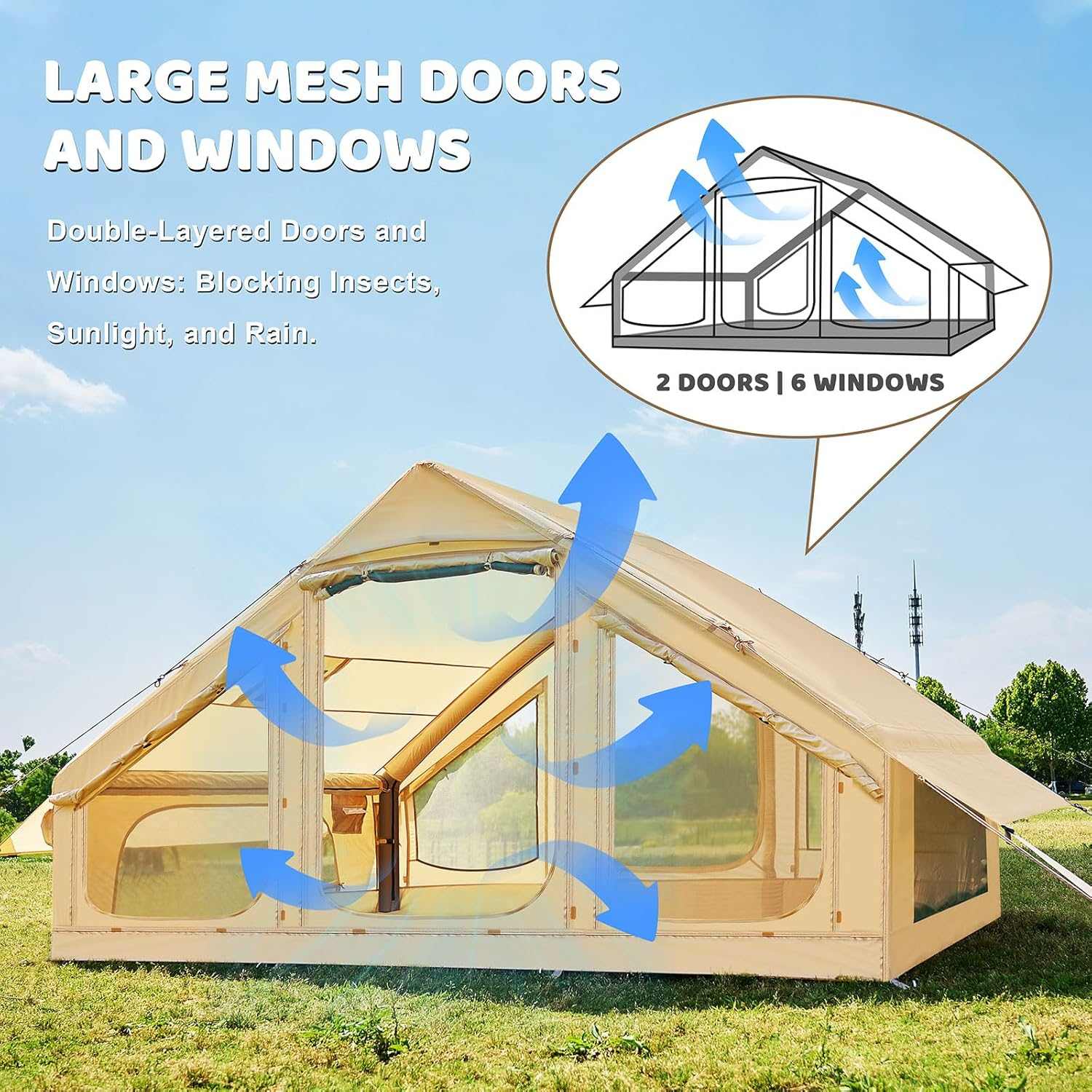 Family Inflatable Camping Tent equipped with built‑in stove jack for cold‑weather camping